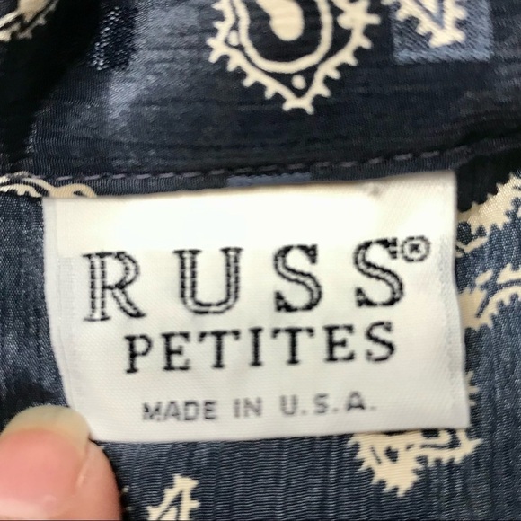 Russ Petites Vintage Navy Blue Paisley Button Up Short Sleeve Peplum Blouse - Picture 7 of 10